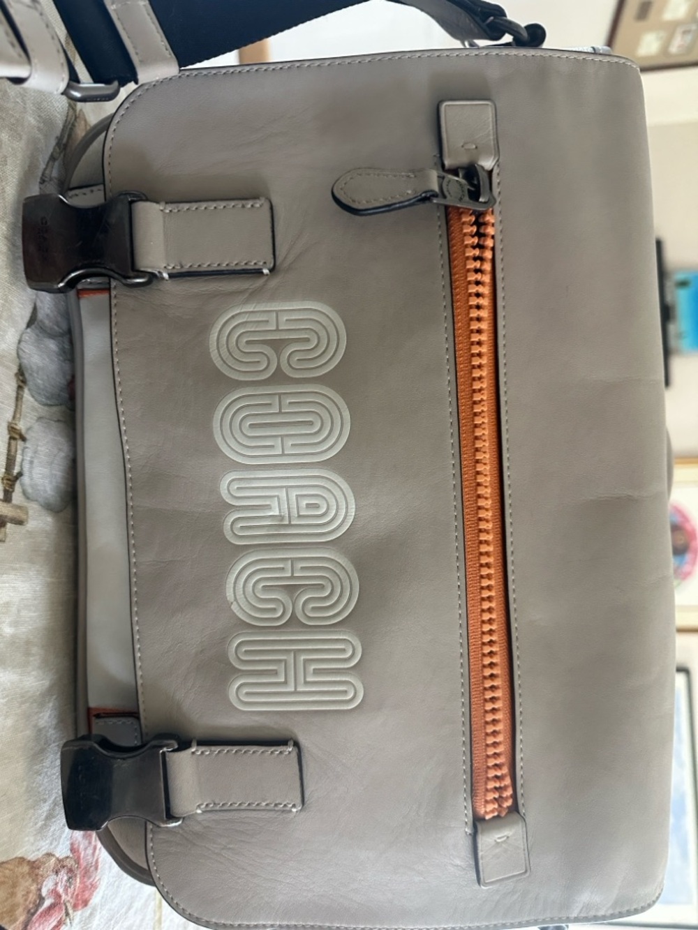 Coach Gray Leather Messenger Bag with Orange Zip Accent